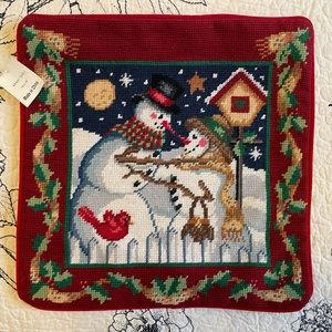 Vintage Lands End Snowman & Snowgirl Christmas Needlepoint Pillow Cover New